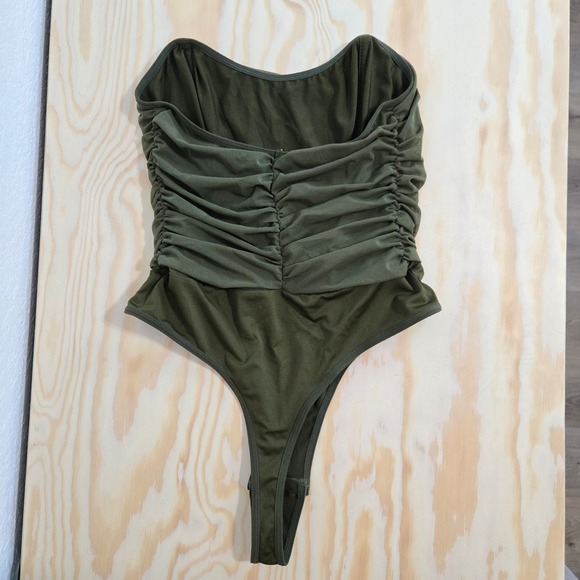 Mediume Olive Green Ruched Strapless Thong Bodysuit - Picture 5 of 6
